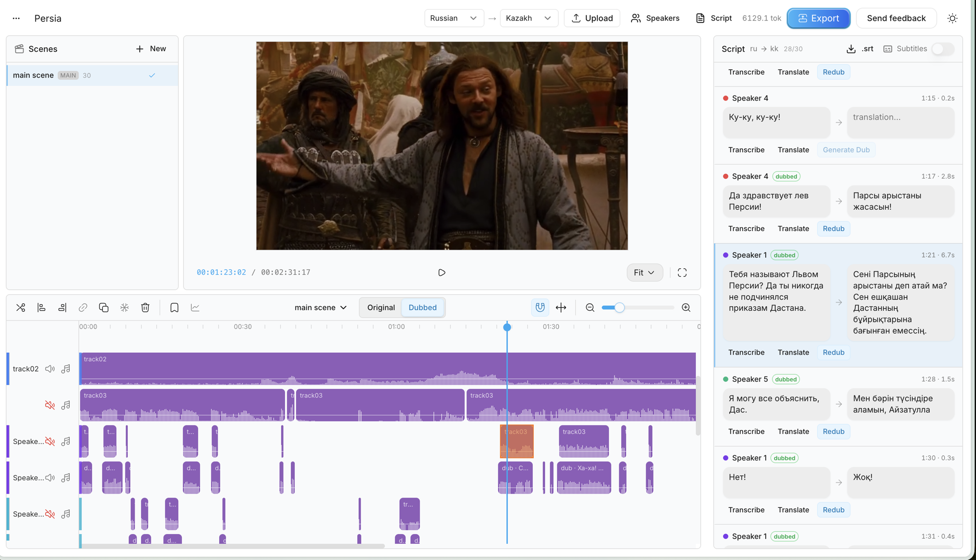 AinaVox editor — timeline with voice and music tracks, per-line dub clips, model picker per scene